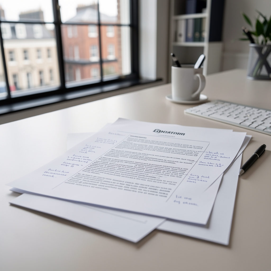 Two editors in a London studio reviewing printed articles at a wooden desk, natural light, notebooks and reference materials visible