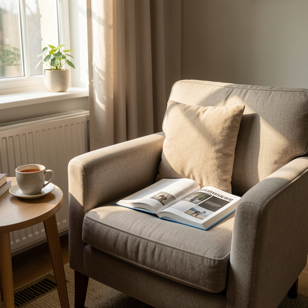 Sunlit reading corner with a fitness journal open on an armchair, a cup of tea on a side table, quiet domestic morning setting