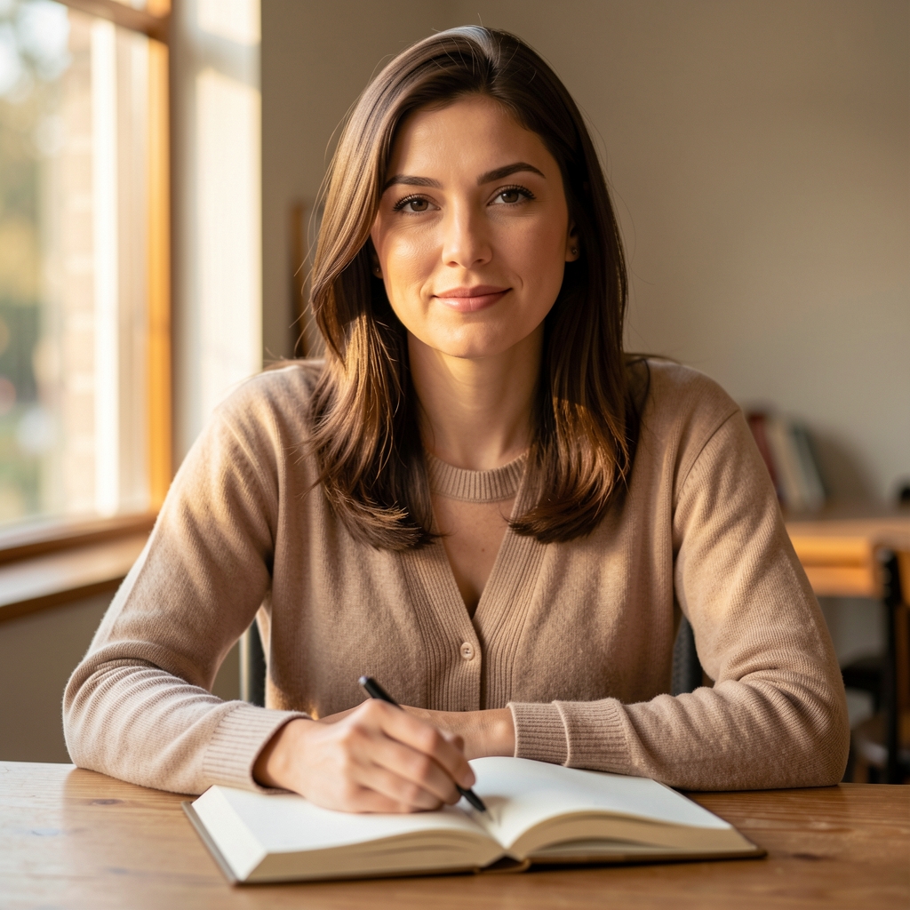Portrait of a woman at a wooden desk with a notebook open in front of her, warm natural window light, calm editorial setting
