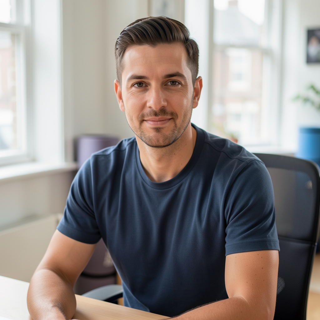 Portrait of a man sitting at a standing desk in a bright London flat, exercise mat visible in the background, natural light