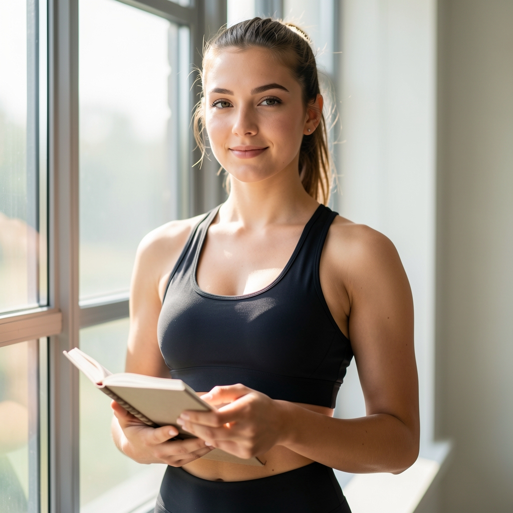 Portrait of a young woman in activewear standing near a bright window with a journal in hand, relaxed posture, morning light