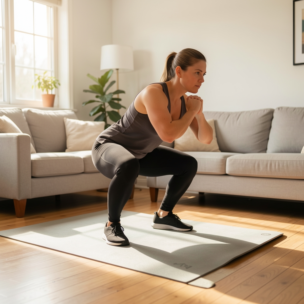 Person performing a bodyweight squat in a bright living room, exercise mat on wooden floor, morning light through window, beginner home workout