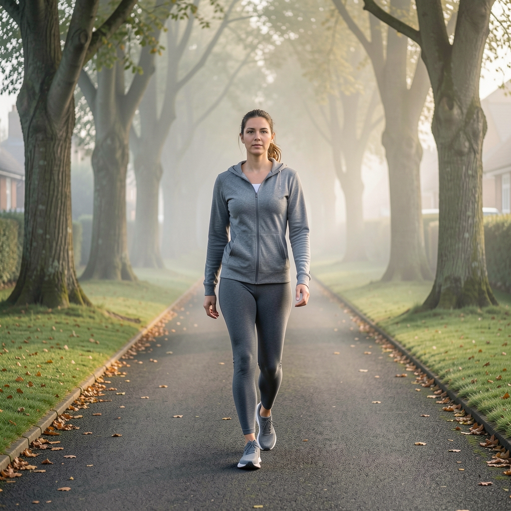 Woman in comfortable clothing walking along a tree-lined suburban path in UK, morning mist, low-impact exercise, first steps of a walking routine