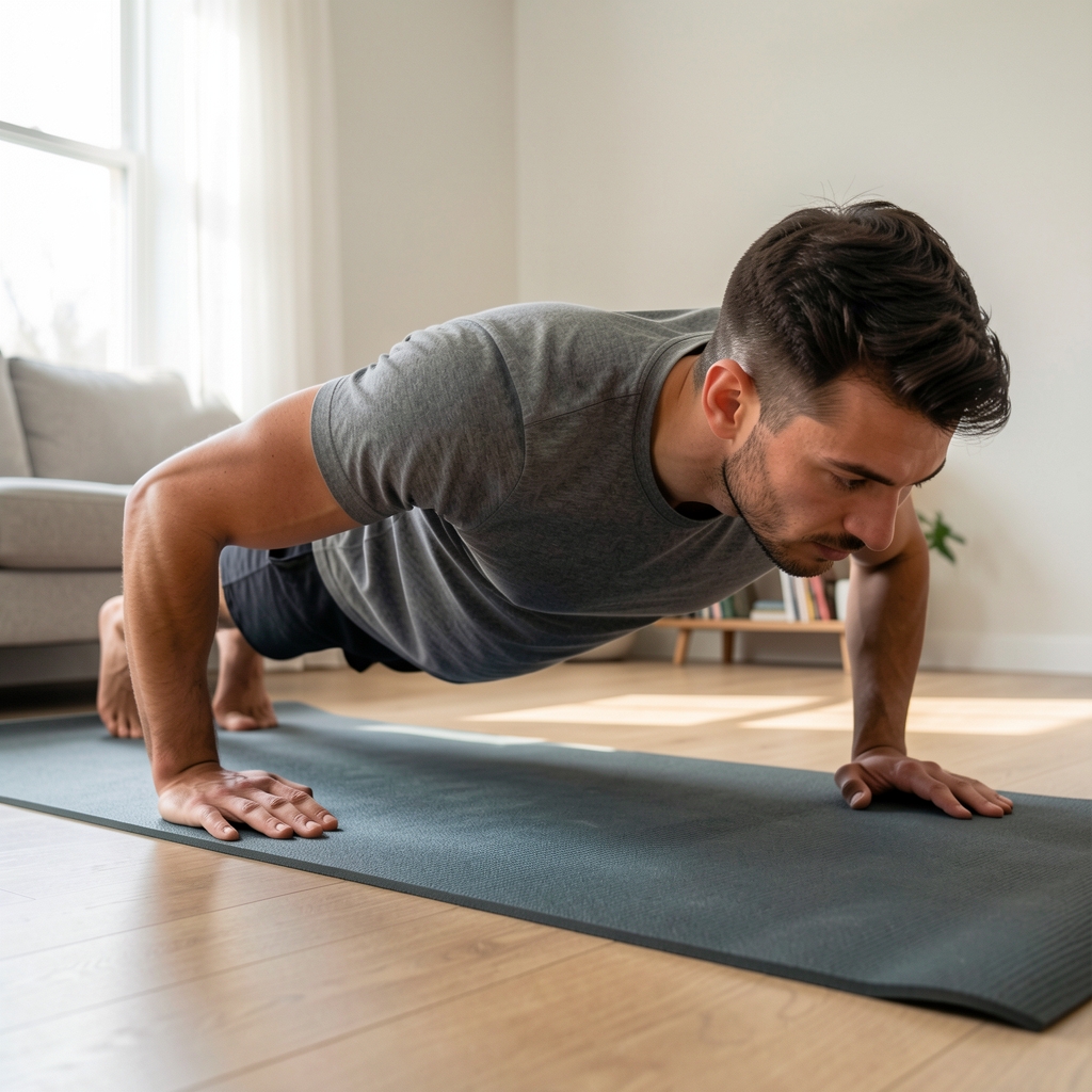 Man performing a push-up on an exercise mat in a clean home environment, controlled form, natural light, strength foundations for beginners