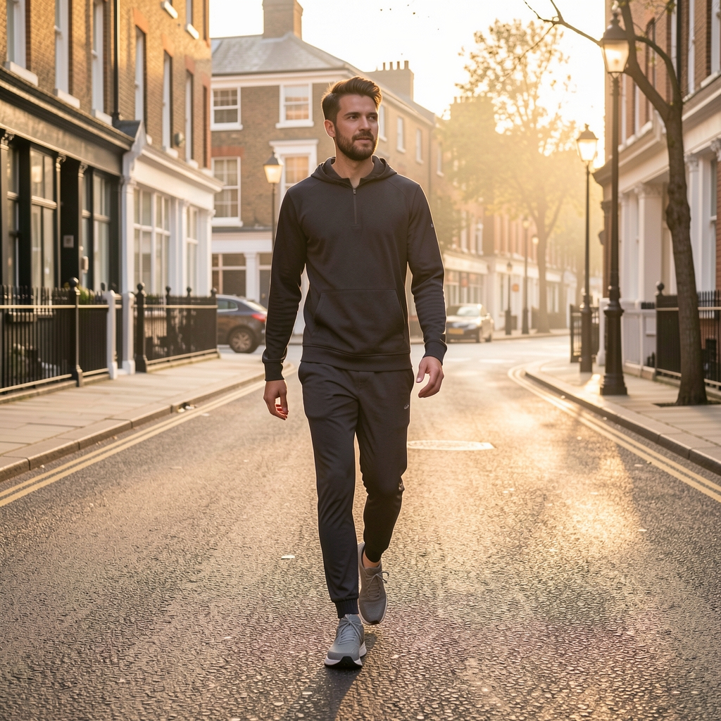 Early morning walker on a quiet London street, low golden light, relaxed pace, comfortable trainers, starting a fitness routine