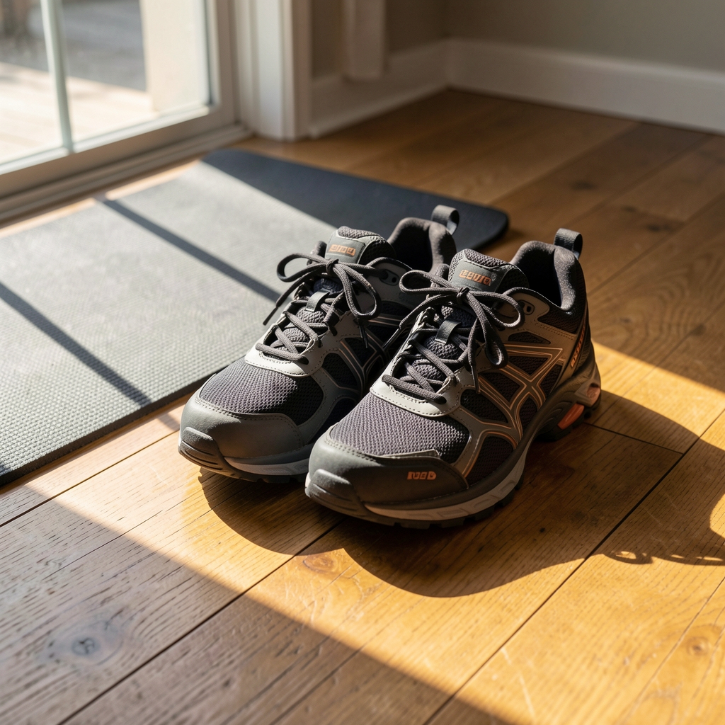 Pair of walking shoes placed on a wooden floor beside a training mat, morning light through a window creating long shadows