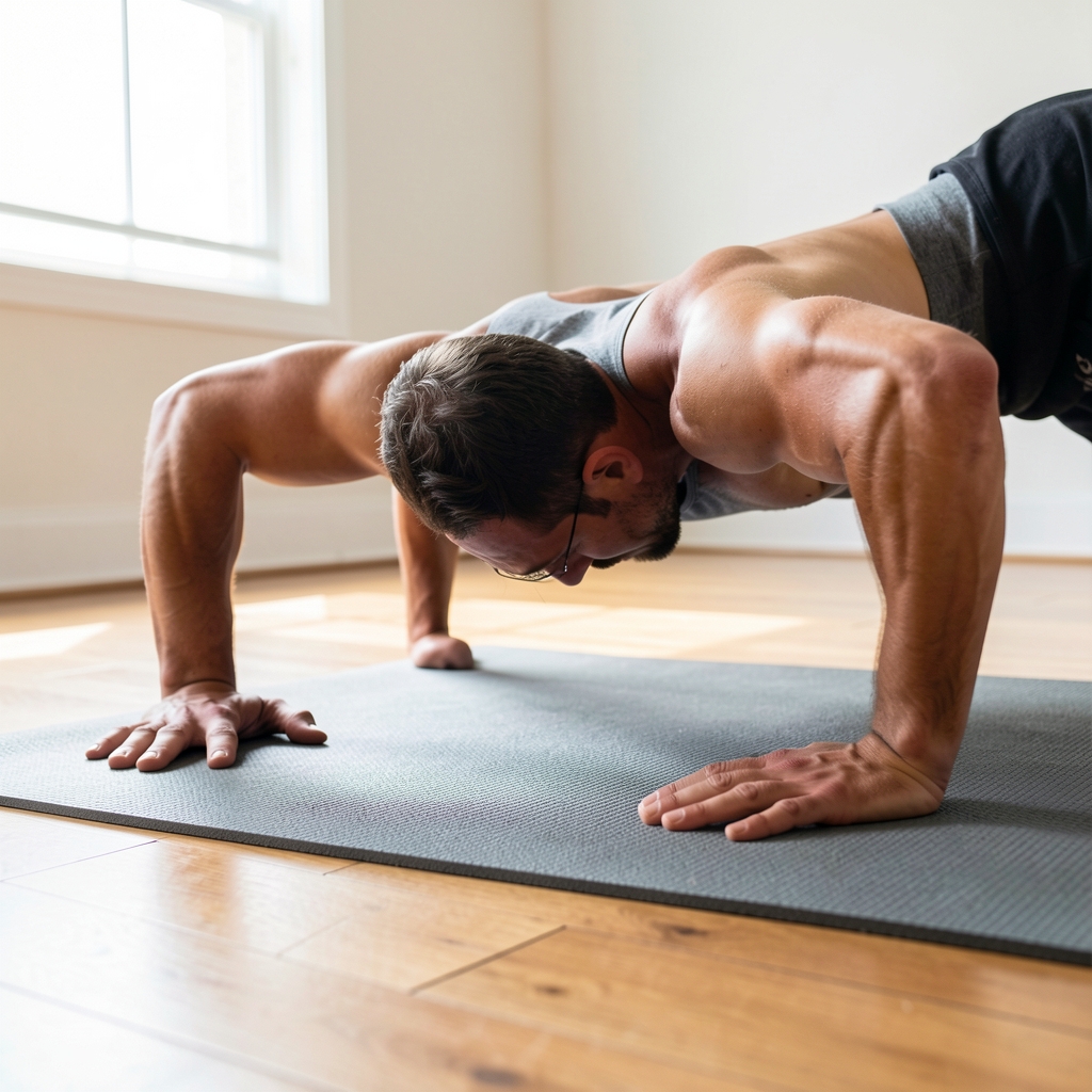 Close-up of hands in push-up starting position on a grey training mat, bright studio lighting from a side window, wooden floor beneath