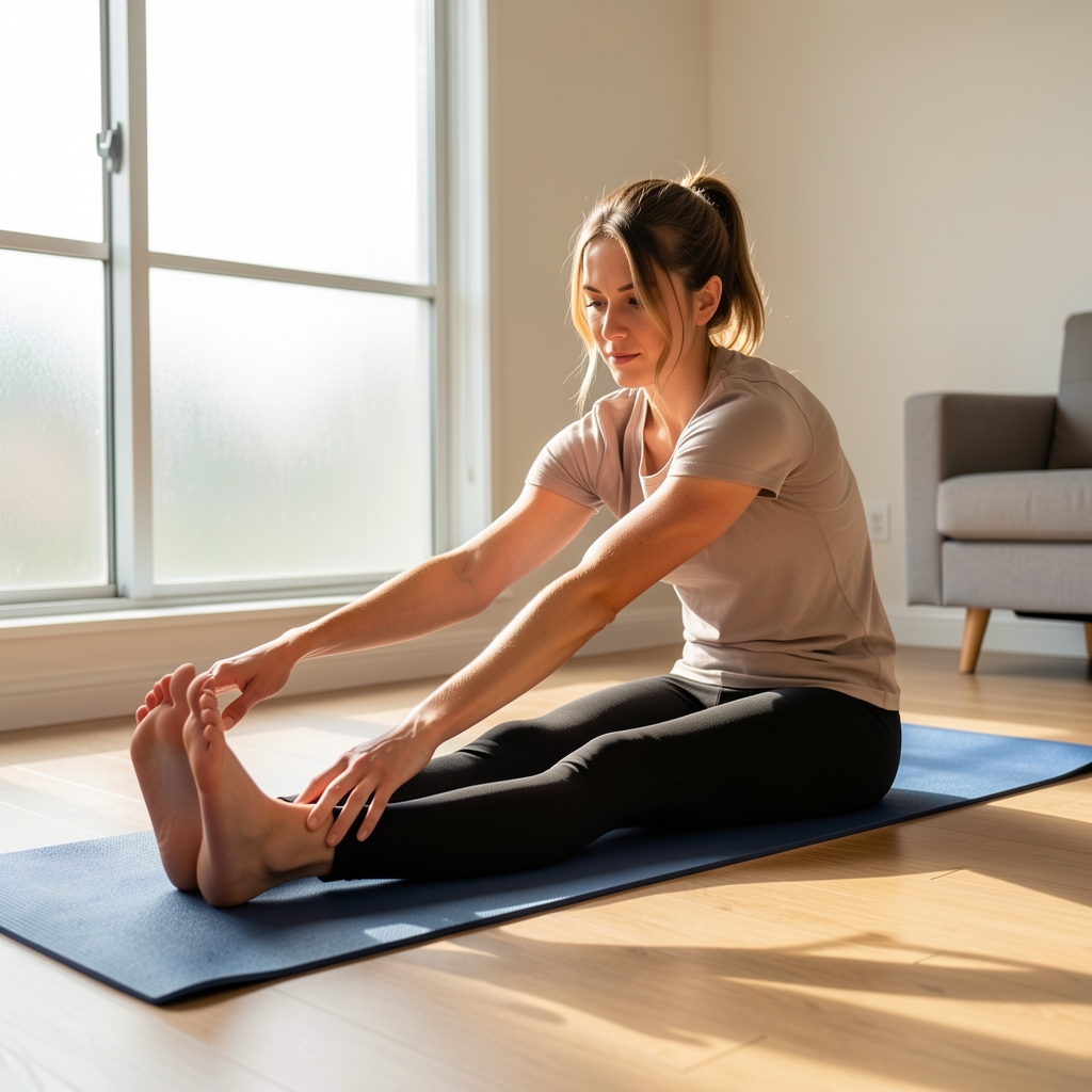 Person performing a seated hamstring stretch on a training mat in a bright home environment, morning light through frosted glass window