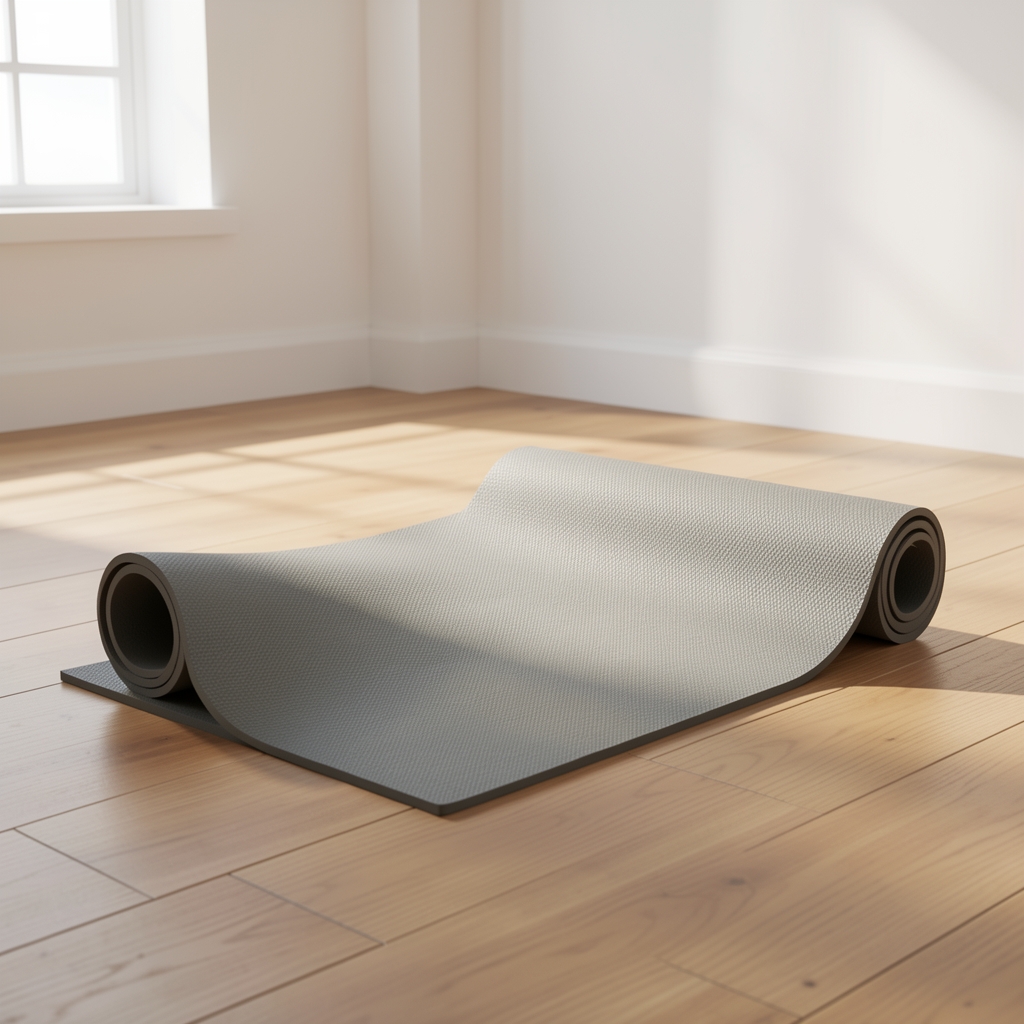 Exercise mat rolled out on a wooden floor in a clean bright room, early morning light casting a soft shadow