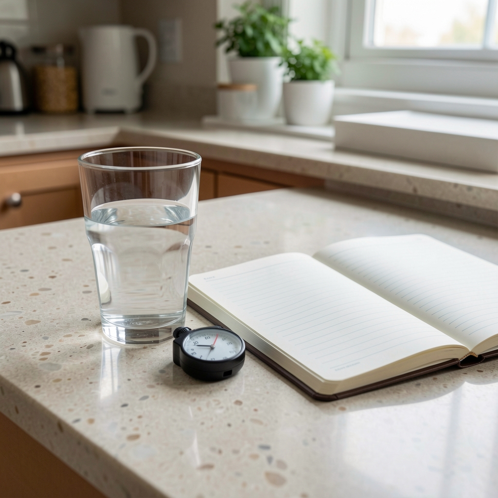 Glass of water and a timer placed beside an open fitness journal on a kitchen counter, controlled natural light
