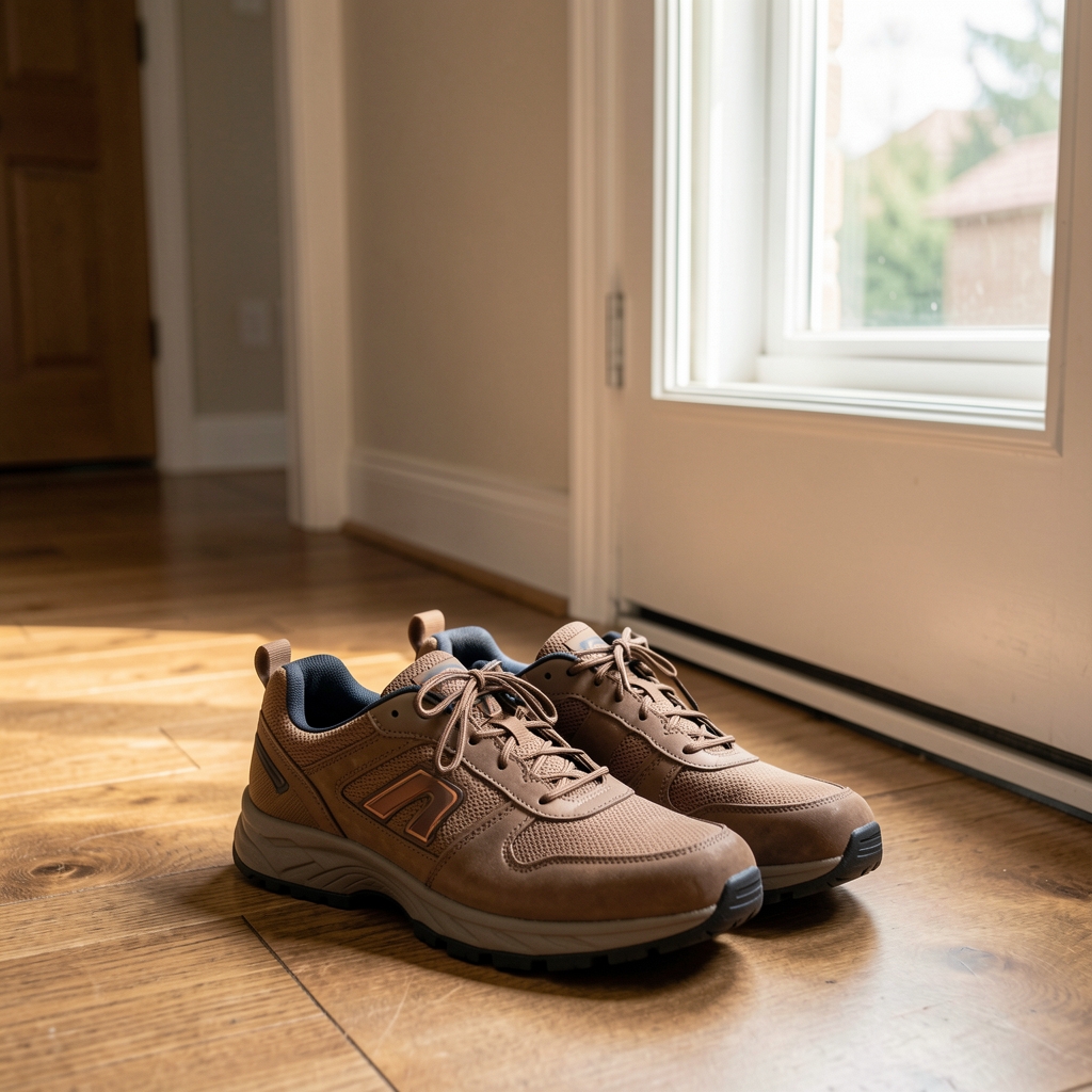 Comfortable walking shoes placed neatly by a front door, natural light from a hallway window