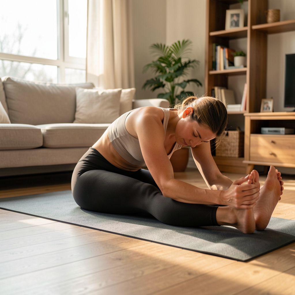 Person stretching gently on a mat in a home living space, afternoon light, cool-down after a session